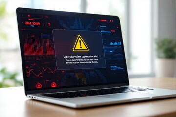 Cybersecurity alert displayed on a laptop screen on a desk in a business environment.
