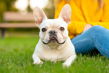 Fototapeta premium White french bulldog lying on grass in park with owner