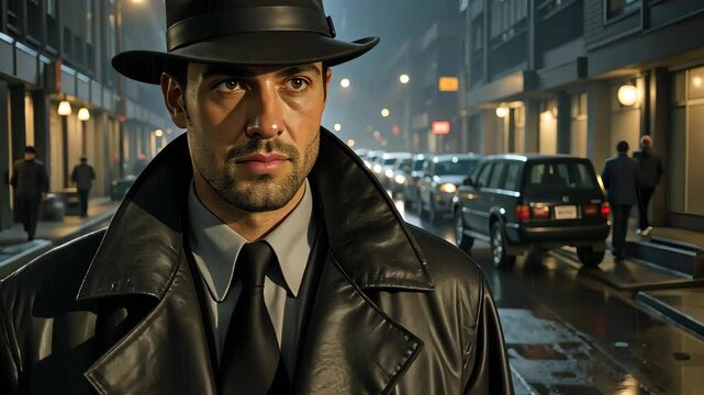 The Mysterious Shadow:  A man in a fedora and trench coat stands on a rain-soaked city street, his gaze intense and enigmatic. The blurred background suggests a world of secrets, danger, and intrigue.
