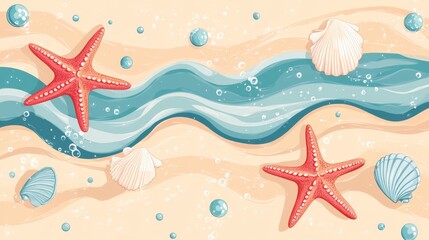 Pastel beach illustration, coral red starfish, blue seashells, conch shells scattered, vanilla cream sand, turquoise ocean waves, whimsical bubbles, soft minimalist style, delicate line art, flat