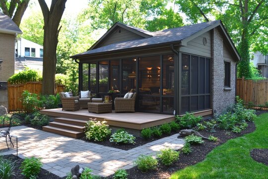 Small patio with pavers and screened-in porch, enclosed seating and dining area measuring 20x10 feet.