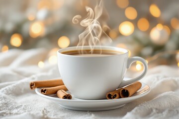 Steaming cup of coffee with cinnamon sticks on white cozy background and warm bokeh lights.