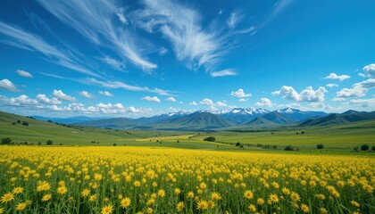 Obraz premium Yellow Flowers Bloom Beneath a Blue Sky and Mountains