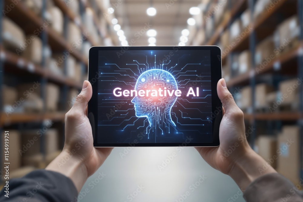 Aufkleber hands holding tablet displaying generative ai concept, digital brain design in warehouse background.