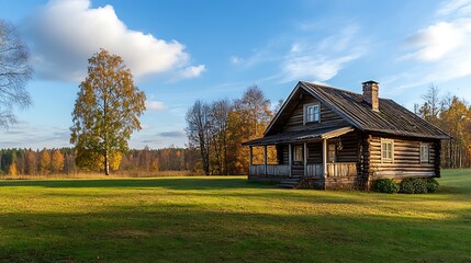 Obraz premium Old wooden house in the village on a background of autumn forest