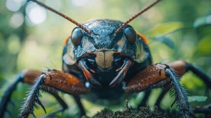 Fototapeta premium Striking macro shot of a beetle face with intricate details, captured in its natural environment