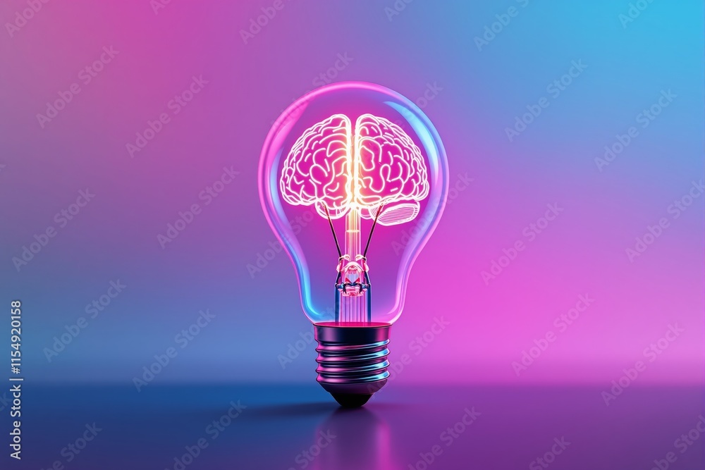 Poster neon brain inside clear light bulb on gradient pink and blue background.