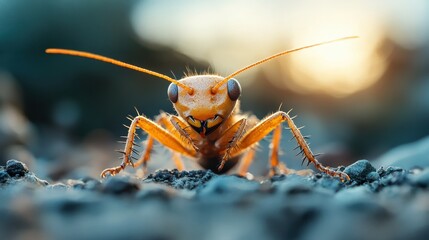 Striking macro photograph of a desert cricket, highlighting its textured body, sharp antennae, and the warm golden hues of sunset in the background