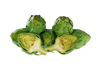 Whole and slice fresh green artichoke isolated on the white background.