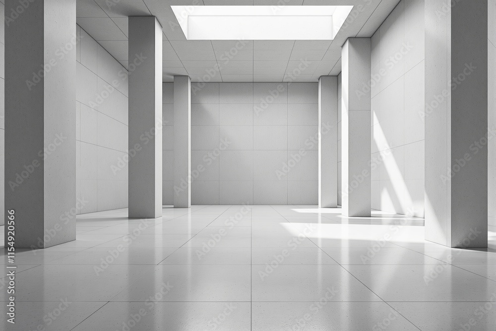 Poster Modern minimalistic interior with white columns and skylight.