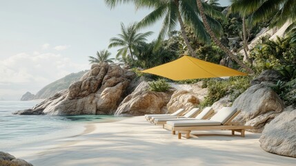 Naklejka premium Hidden tropical oasis, leaning palm tree grove, weathered rocky outcrop, beach loungers arrangement, pastel yellow sunshade, crystal clear waters, natural coastal path, dreamy beach photography,