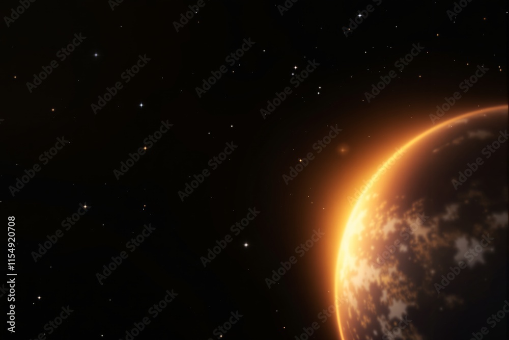 Poster glowing planet in space with scattered stars on a dark background.