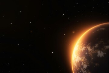 Obraz premium Glowing planet in space with scattered stars on a dark background.