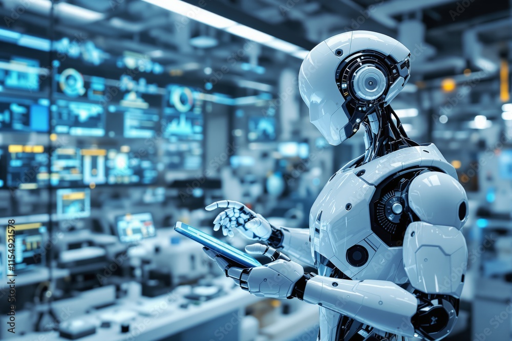 Aufkleber futuristic humanoid robot using tablet in high-tech laboratory environment.