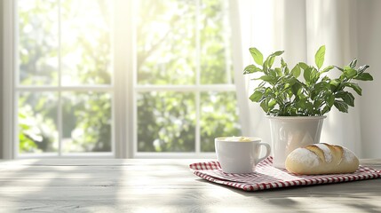 Sunlit breakfast table with coffee, bread, and plant by window.