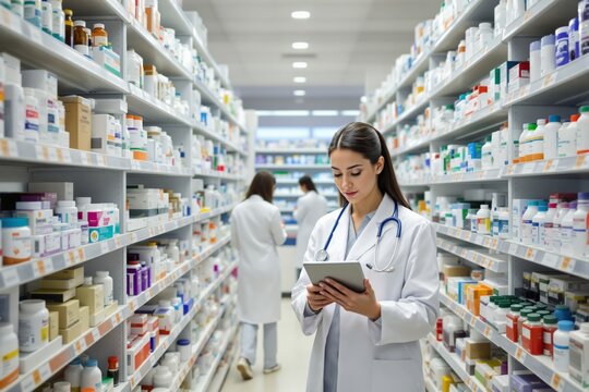 Pharmacist reviewing information on tablet in pharmacy aisle, shelves stocked with medications in focus, professional atmosphere.