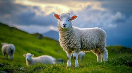 Obraz premium Serene Sheep in Early Morning Overcast Landscape