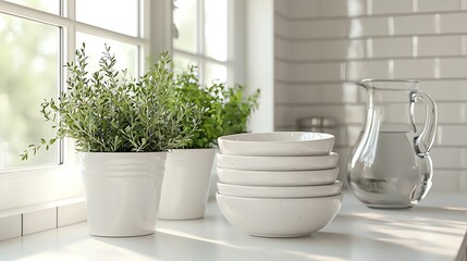 Sunlit kitchen scene with herbs, bowls, and glass pitcher creates a homely ambiance.