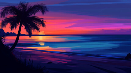 Tropical beach landscape with a palm tree and white sand, with clear sky