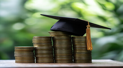 Graduation Cap Resting on a Stack of Coins Symbolizing Education Costs, Investment, and Financial Growth
