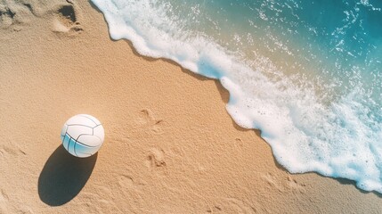 minimalist beach sports scene, single volleyball on sand waves, panoramic sand texture, clean beach background, natural lighting and shadows, professional beach photography, summer sports aesthetic