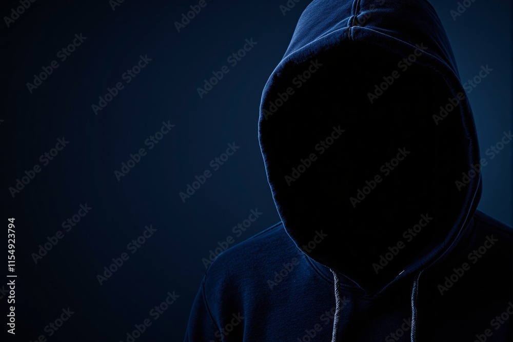 Poster hooded figure in a dark background symbolizing cybercrime and anonymity.