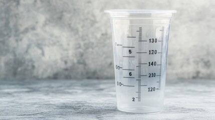 Clear plastic measuring cup on grey background.