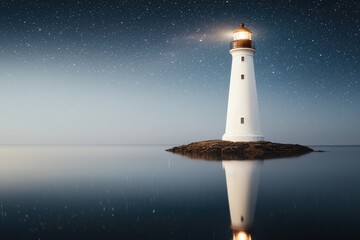 Tranquil nightscape of a lonely lighthouse reflecting on calm waters coastal setting serene environment