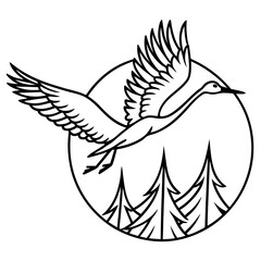 Majestic Crane in Flight, Soaring Above Evergreen Trees