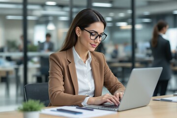 Fototapeta premium Professional woman working on a laptop in a modern office background.