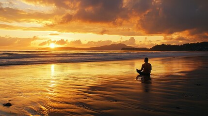 Fototapeta premium beach meditation silhouette, golden sunset sky, lotus position, calm ocean waves, distant islands, peaceful yoga pose, sandy beach foreground, serene beach landscape, warm evening glow