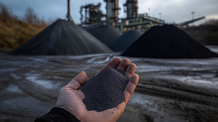 Worker holding coal granules at a coal mine with processing plant in background