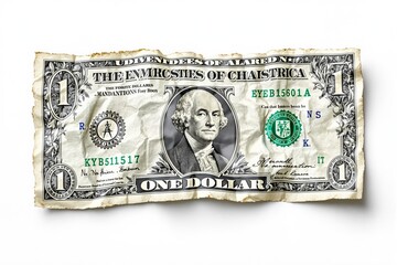 Crumpled dollar bill with altered text and humorous design on a white background.