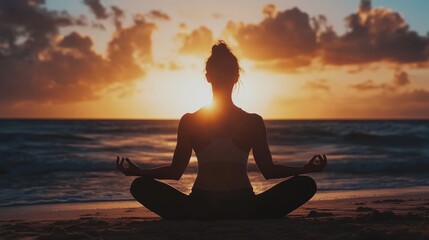 spiritual beach scene, backlit yoga meditation, dramatic sunset colors, seaside silhouette, peaceful coastal setting, gentle waves background, mindfulness photography, golden hour atmosphere