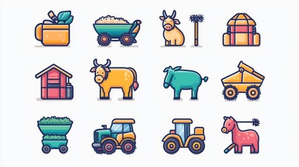 A Vibrant Collection of Farm-Themed Icons Depicting Agriculture Elements, Animals, and Equipment Suitable for Various Creative Projects and Design Needs