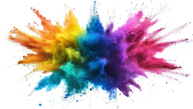 Colorful holi powder on white background. Colorful vibrant rainbow holi paint color powder explosion with bright colors isolated white background. colorful mixed rainbow powder explosion,