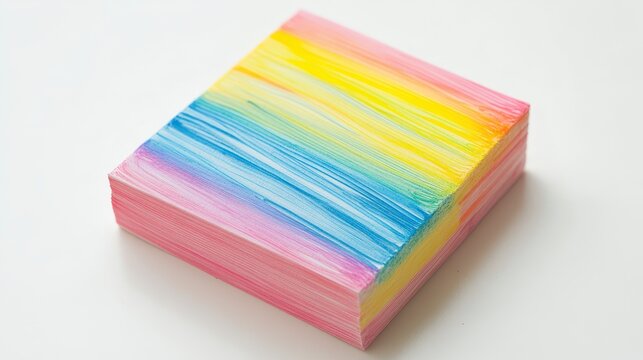 Rainbow-colored square sticky note pad on white background.