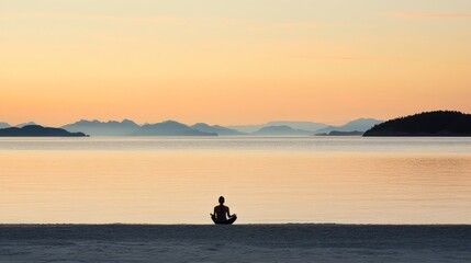 Fototapeta premium zen beach sunset, yoga practitioner silhouette, calm ocean view, distant coastal islands, mindful meditation pose, soft sand texture, peaceful evening light, spiritual wellness photography, tranquil