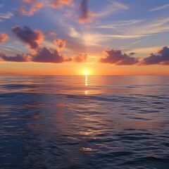 Fototapeta premium Beautiful serene sunset over a calm ocean with soft waves, warm tones reflecting on the water surface, gentle clouds in the sky