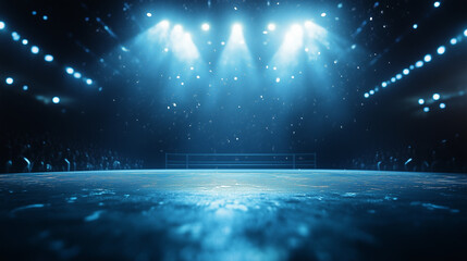 An empty arena with lights shining on it. Concert, venue, light, audience music, performance, stage,. A young woman performs music on stage during a concert. A concert with lights venue. Lifestyle.