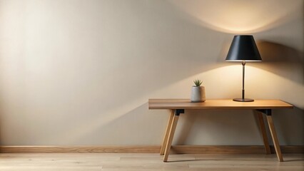 A minimalist interior scene featuring a wooden table, illuminated lamp, and potted plant against a neutral wall