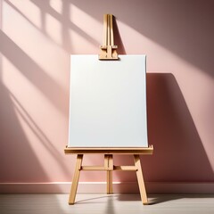 Generated image Minimalist wooden easel with blank canvas and pastel background.