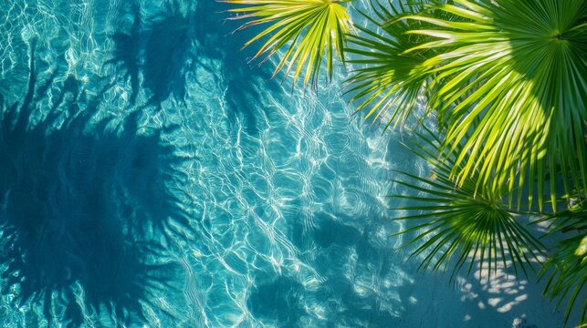 aerial palm shadows, crystalline turquoise water, vibrant green fronds, overhead beach view, tropical water texture, palm leaf patterns, bright natural lighting, paradise island photography