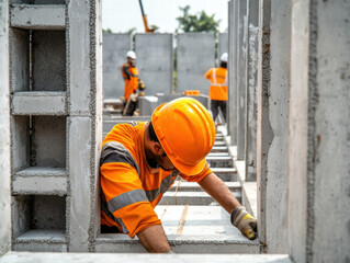 Concrete construction. Construction worker in helmet working on concrete structures.