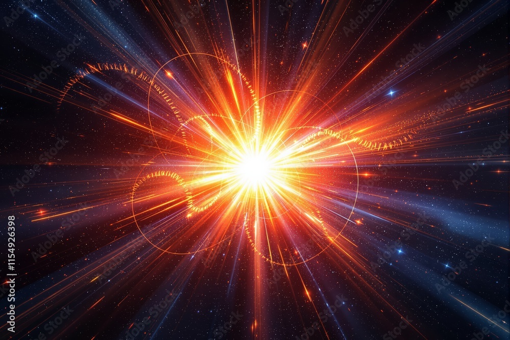 Poster bright cosmic explosion with radiant light beams and glowing particles in a starry galaxy background