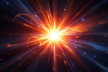 Fototapeta premium Bright cosmic explosion with radiant light beams and glowing particles in a starry galaxy background.