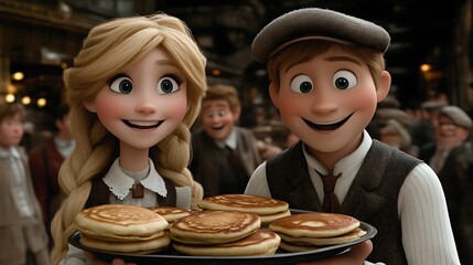 Happy couple serving pancakes in a crowd.