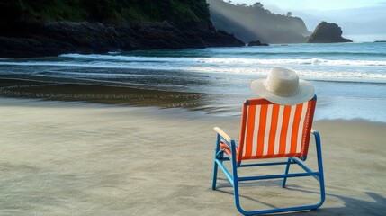 Summer beach tranquility, striped orange beach chair with blue frame, woven white sun hat, calm ocean waves, distant misty mountains, golden sunlight, sandy shoreline, peaceful seaside atmosphere,