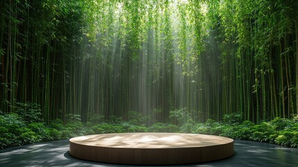 Sunlit round wooden platform in bamboo forest.