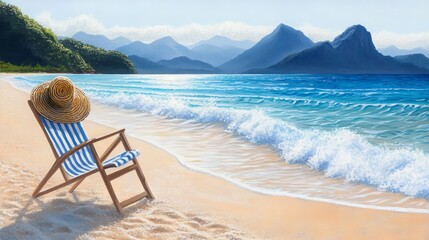 Idyllic beach composition, vintage-style deck chair, bright striped canvas, delicate woven hat, gentle breaking waves, mountain range silhouette, sunrise glow, golden beach sand, azure sea water,